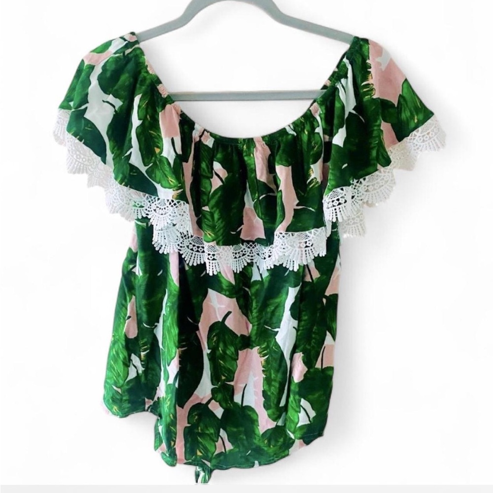 MISS LILI SLEEVELESS OFF THE SHOULDER PALM TREE PRINT FRONT TIE TOP SIZE 2X